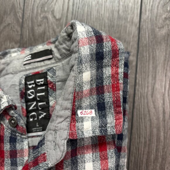 Billabong Flannel Shirt Plaid Large Red Western Surf Elbow Patches - Picture 10 of 10